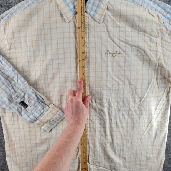 Sean John Button Up Shirt 2XL Embroidered Long Sleeve Blue Beige Check Logo Men - Picture 10 of 16